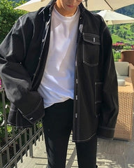 Oversized Washed Denim Jacket Black Korean Style Casual Outerwear