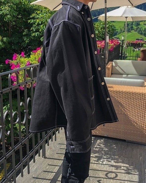 Oversized Washed Denim Jacket Black Korean Style Casual Outerwear