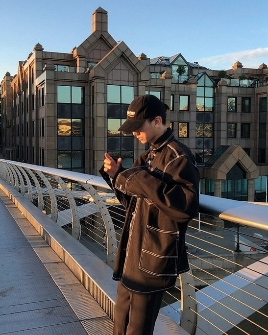 Oversized Washed Denim Jacket Black Korean Style Casual Outerwear