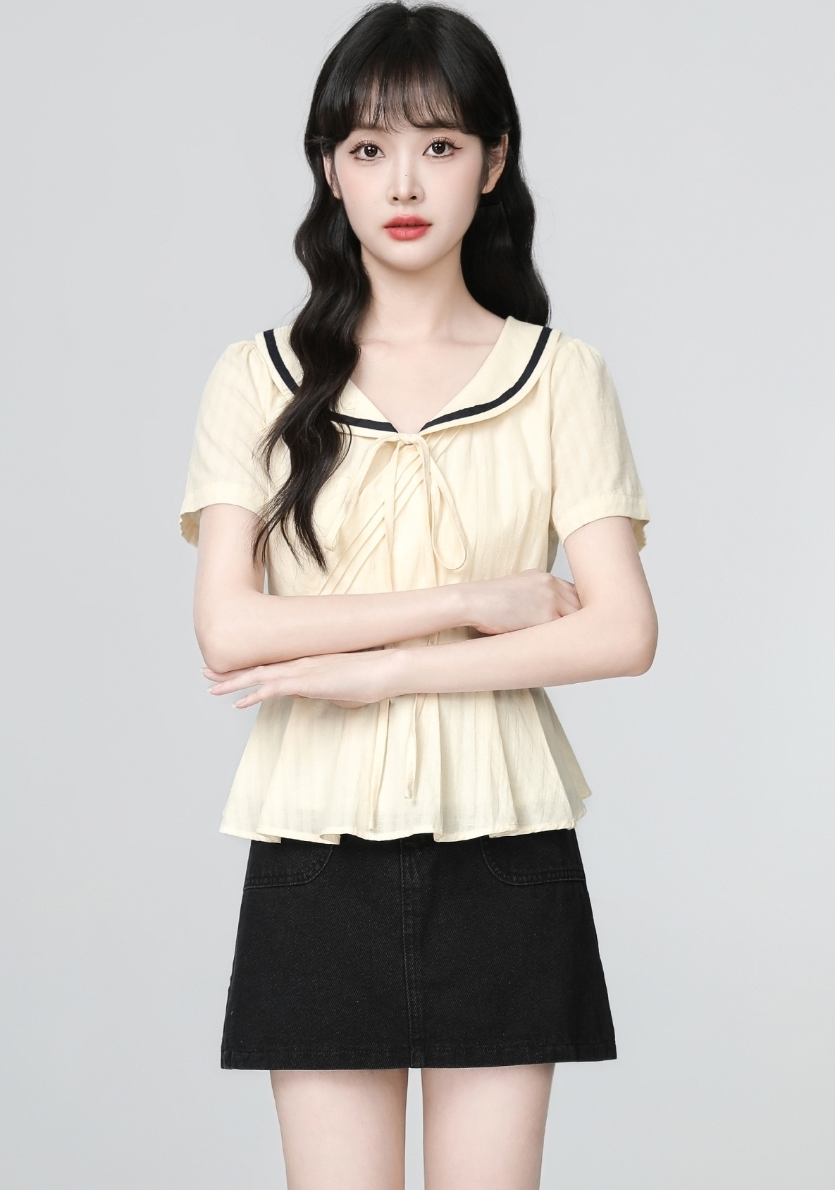 Peter Pan Collar Short Sleeve Tie Waist Shirt