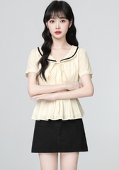 Peter Pan Collar Short Sleeve Tie Waist Shirt
