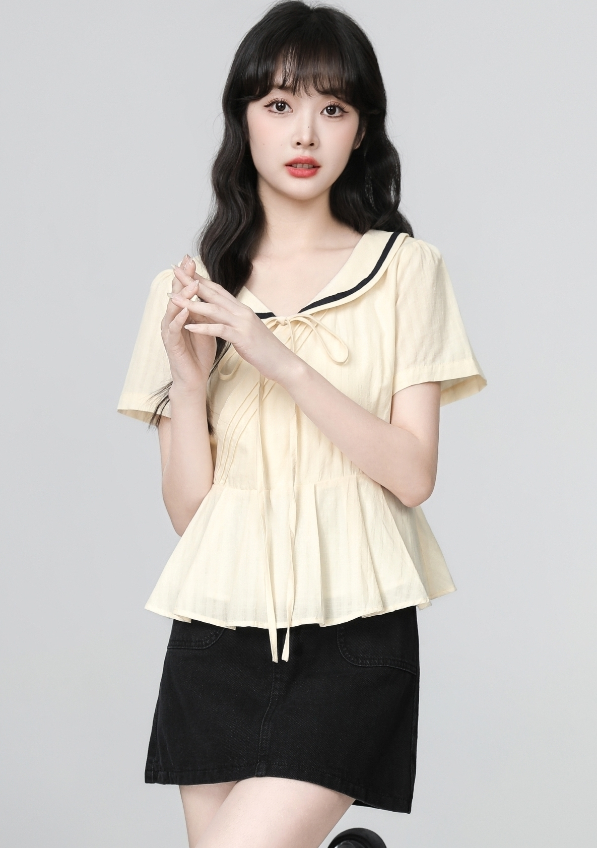 Peter Pan Collar Short Sleeve Tie Waist Shirt