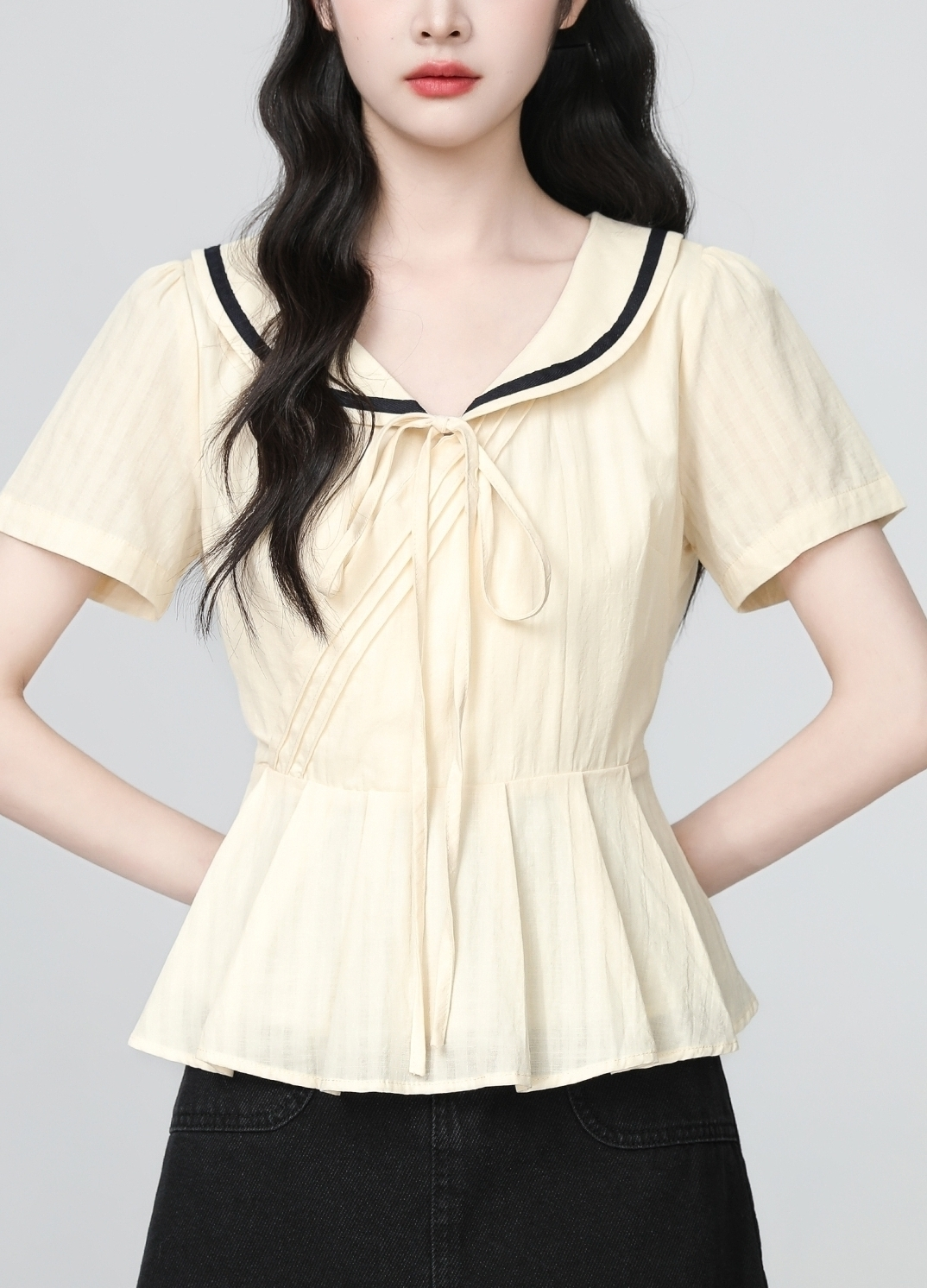 Peter Pan Collar Short Sleeve Tie Waist Shirt