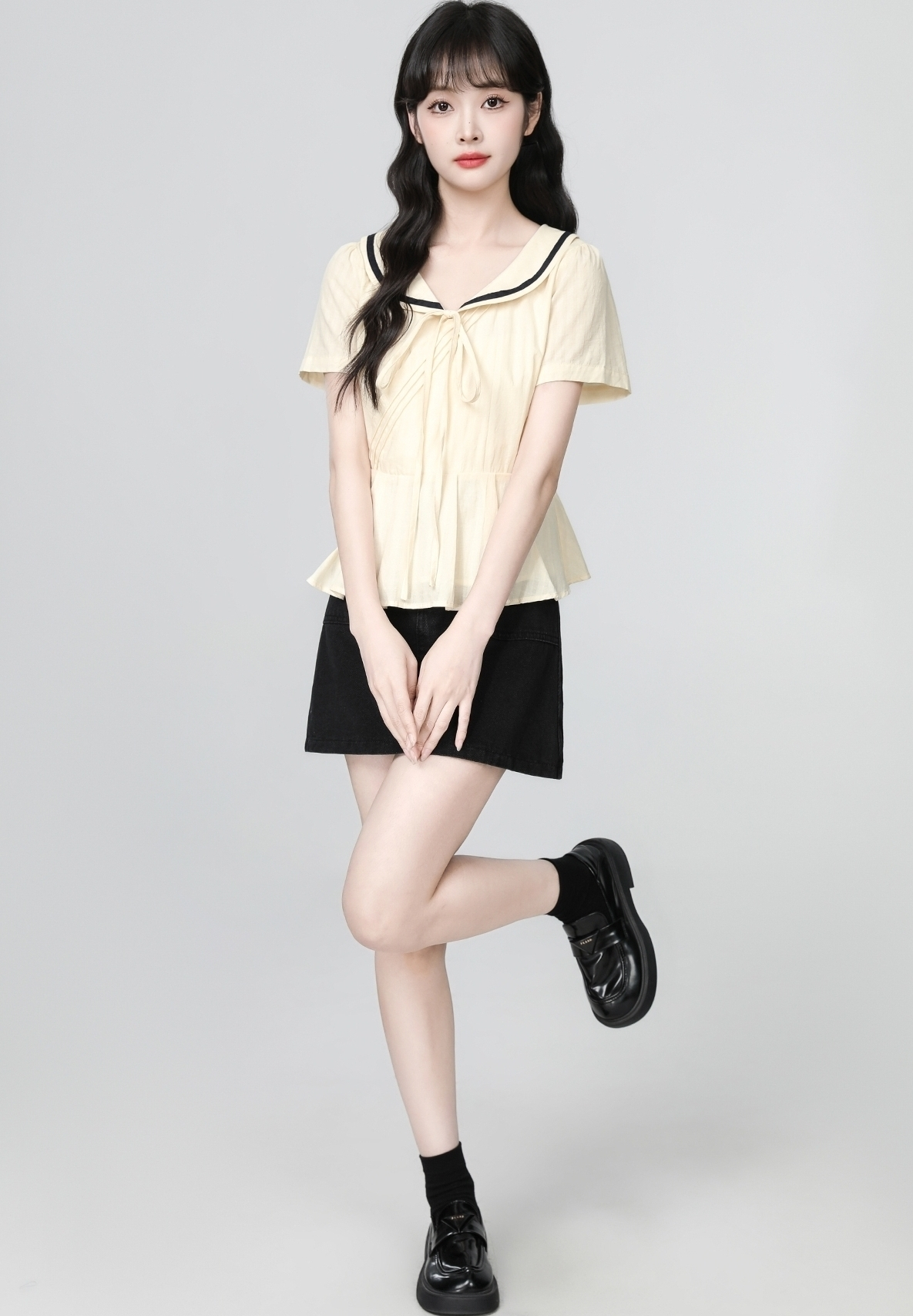 Peter Pan Collar Short Sleeve Tie Waist Shirt