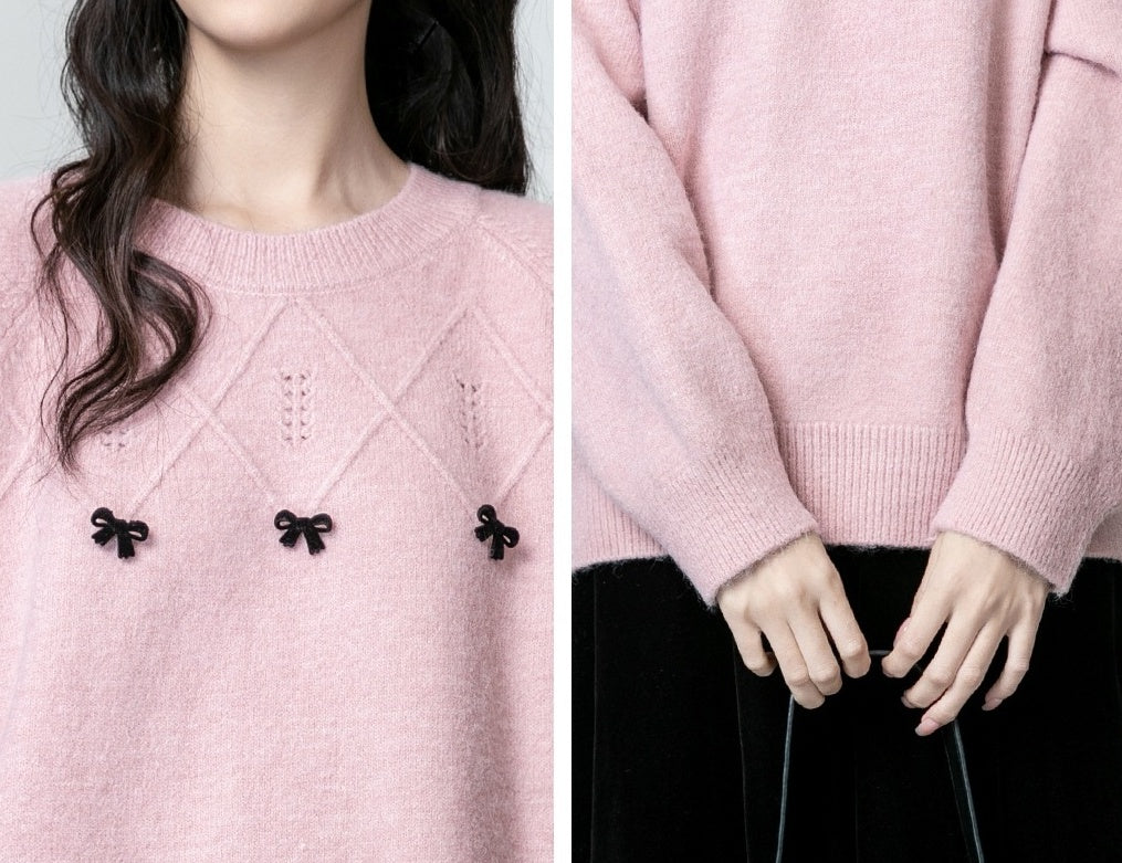 Pink Bow Knit Pullover Sweater