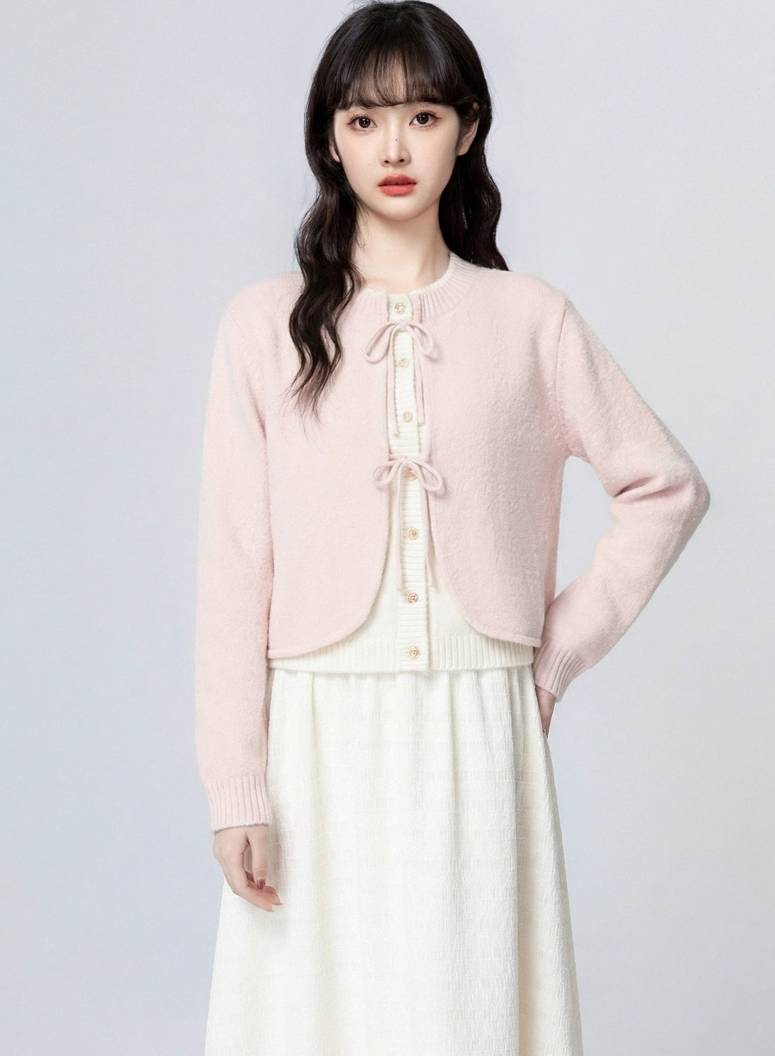 Pink Bow Layered Knit Cardigan Short Jacket