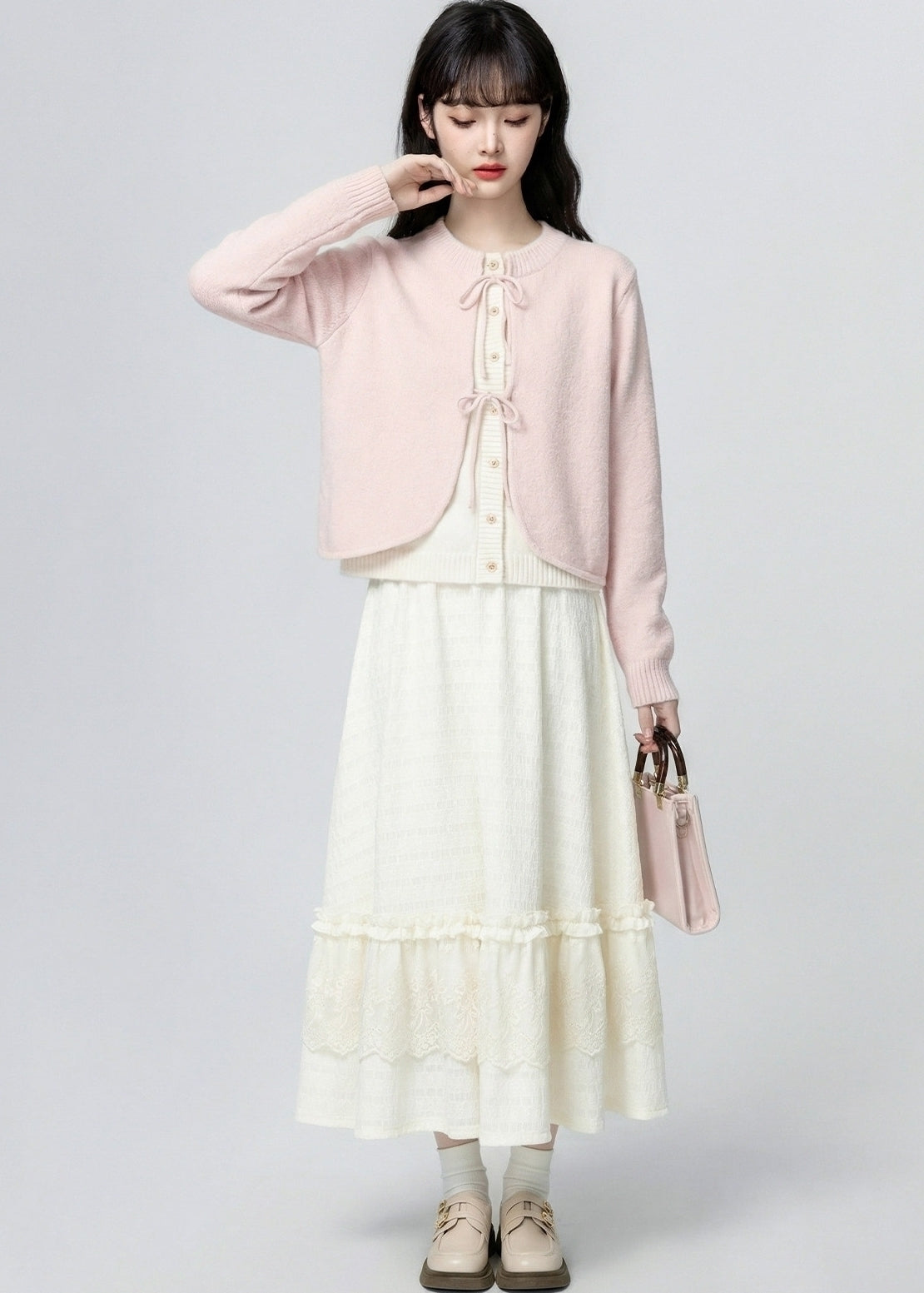 Pink Bow Layered Knit Cardigan Short Jacket