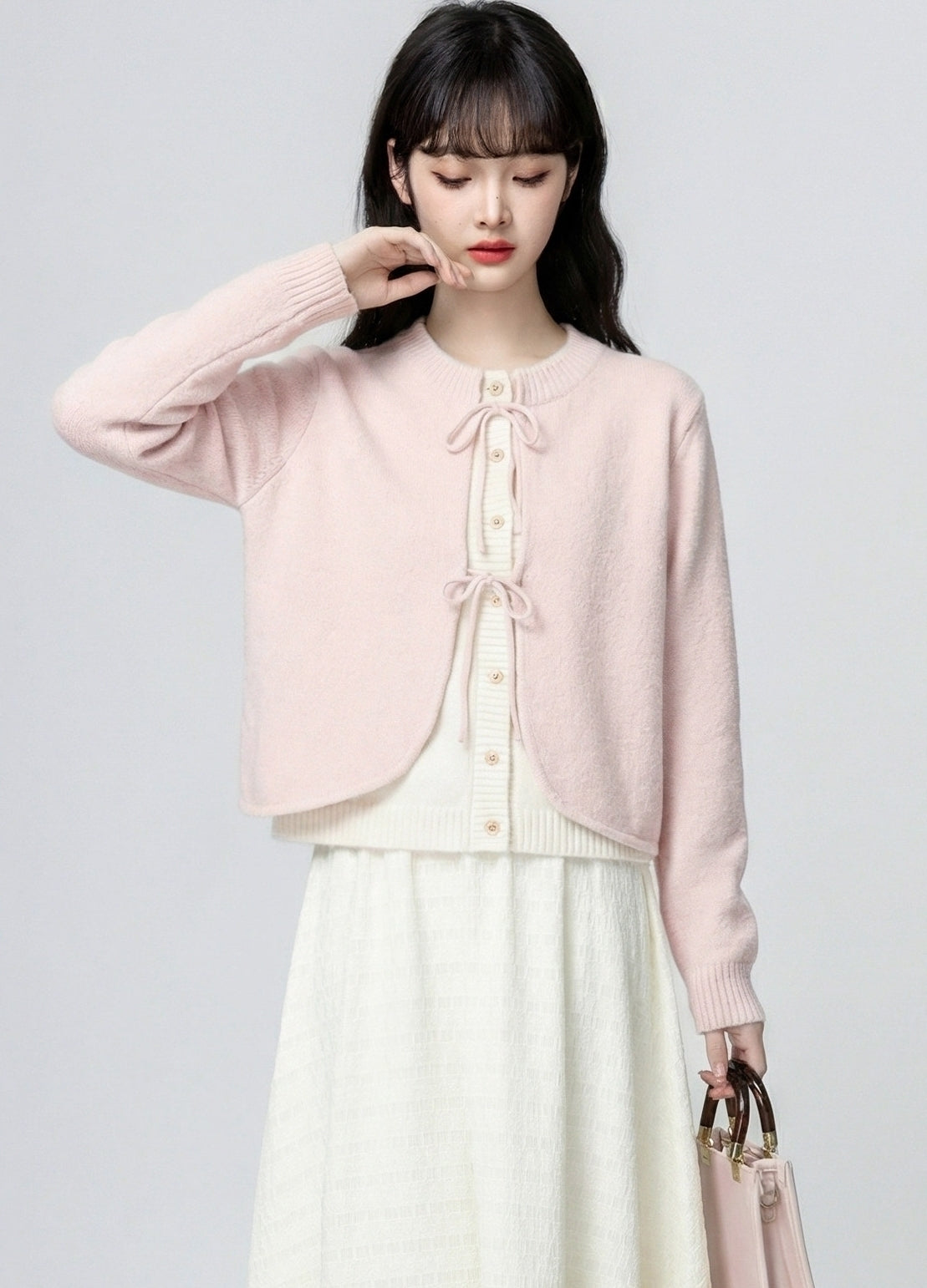 Pink Bow Layered Knit Cardigan Short Jacket