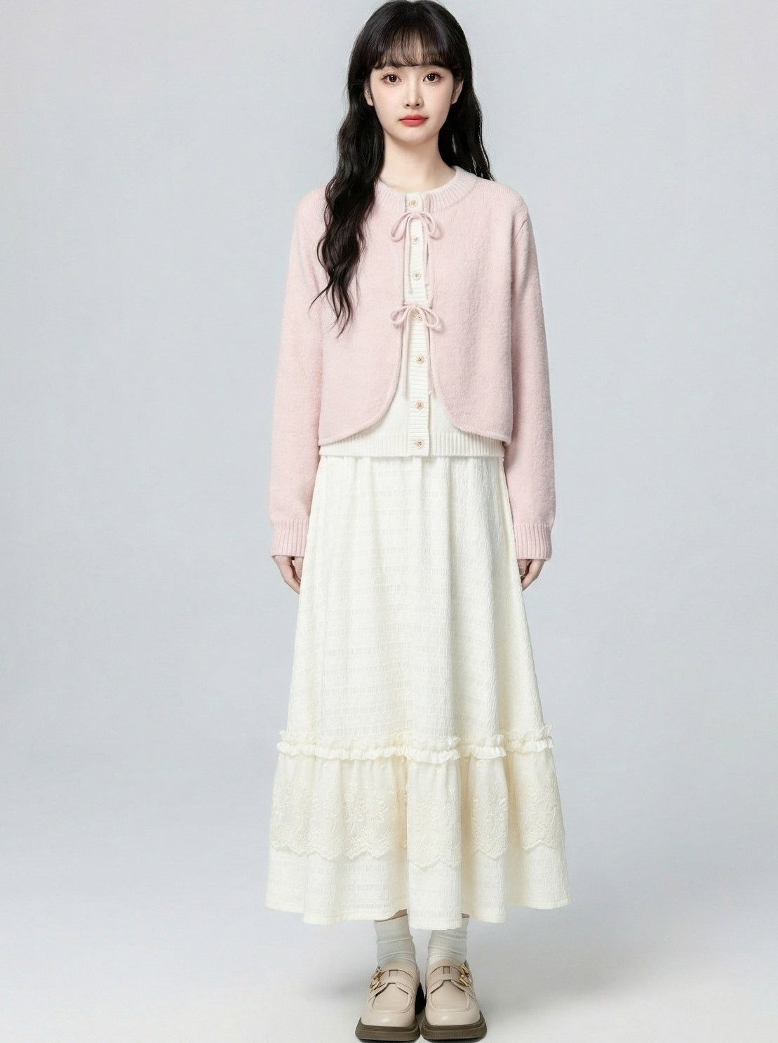 Pink Bow Layered Knit Cardigan Short Jacket