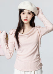 Pink Bow Tie Irregular Long Sleeve Top