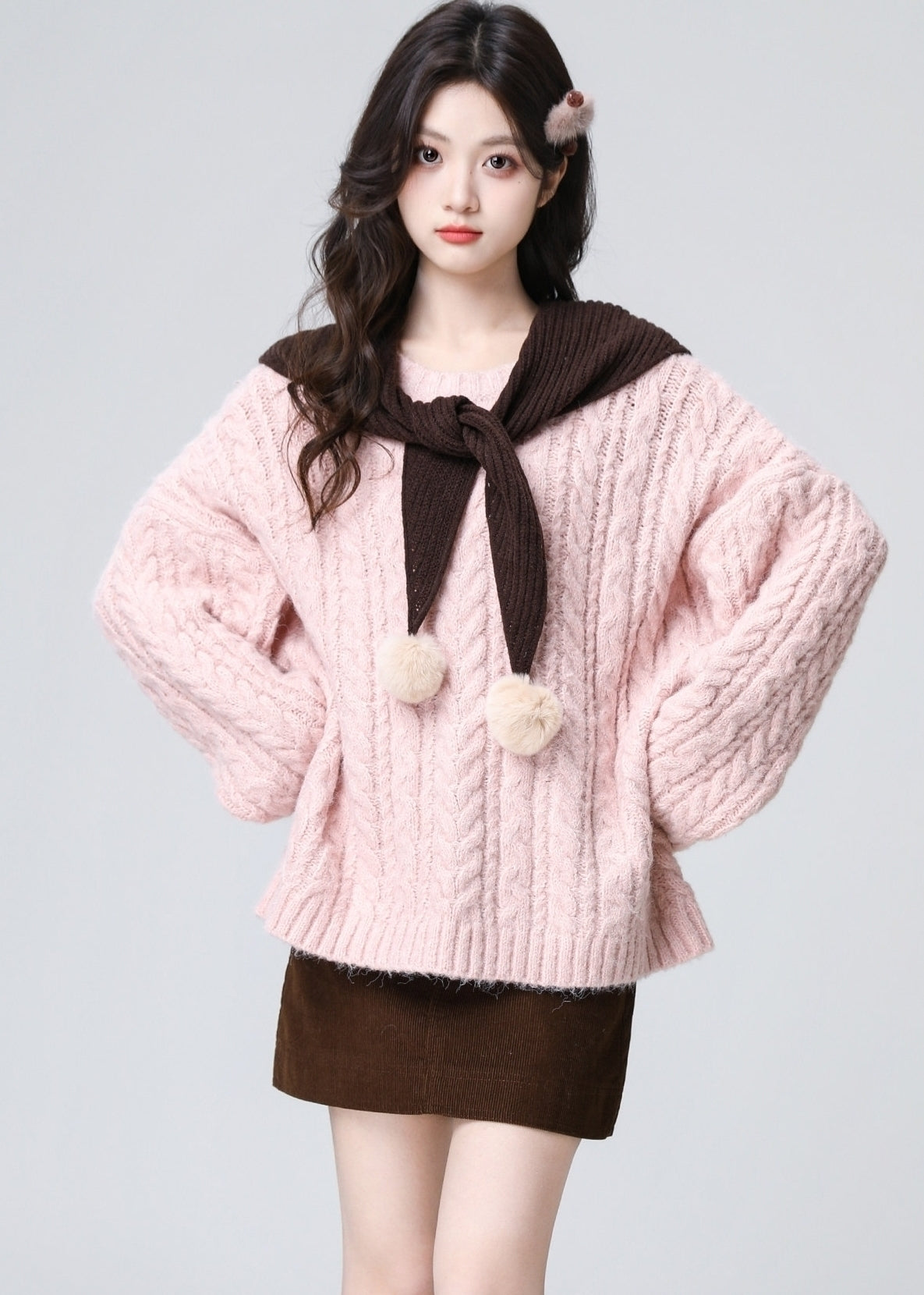 Pink Cable Knit Loose Crewneck Sweater