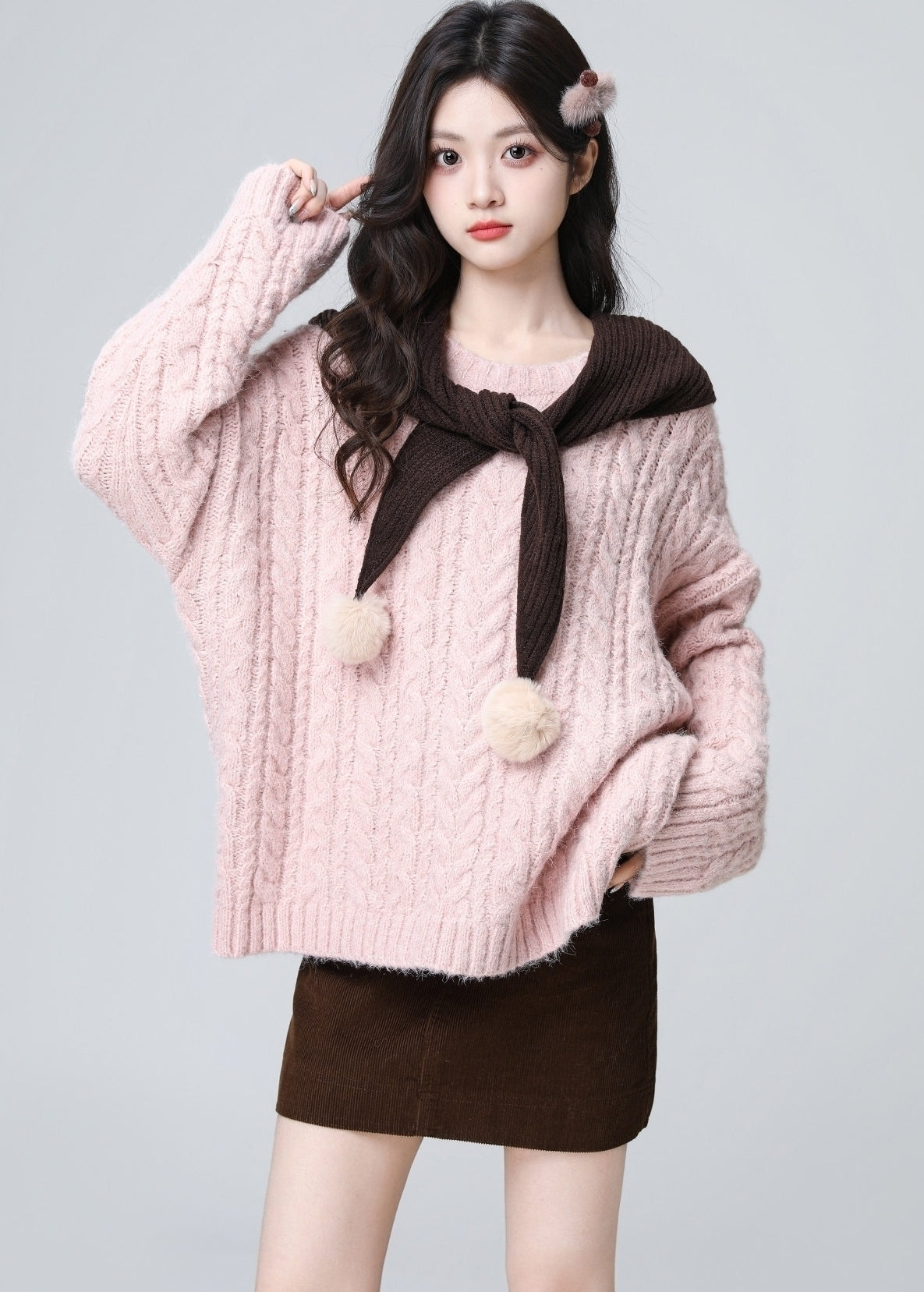 Pink Cable Knit Loose Crewneck Sweater