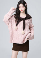 Pink Cable Knit Loose Crewneck Sweater