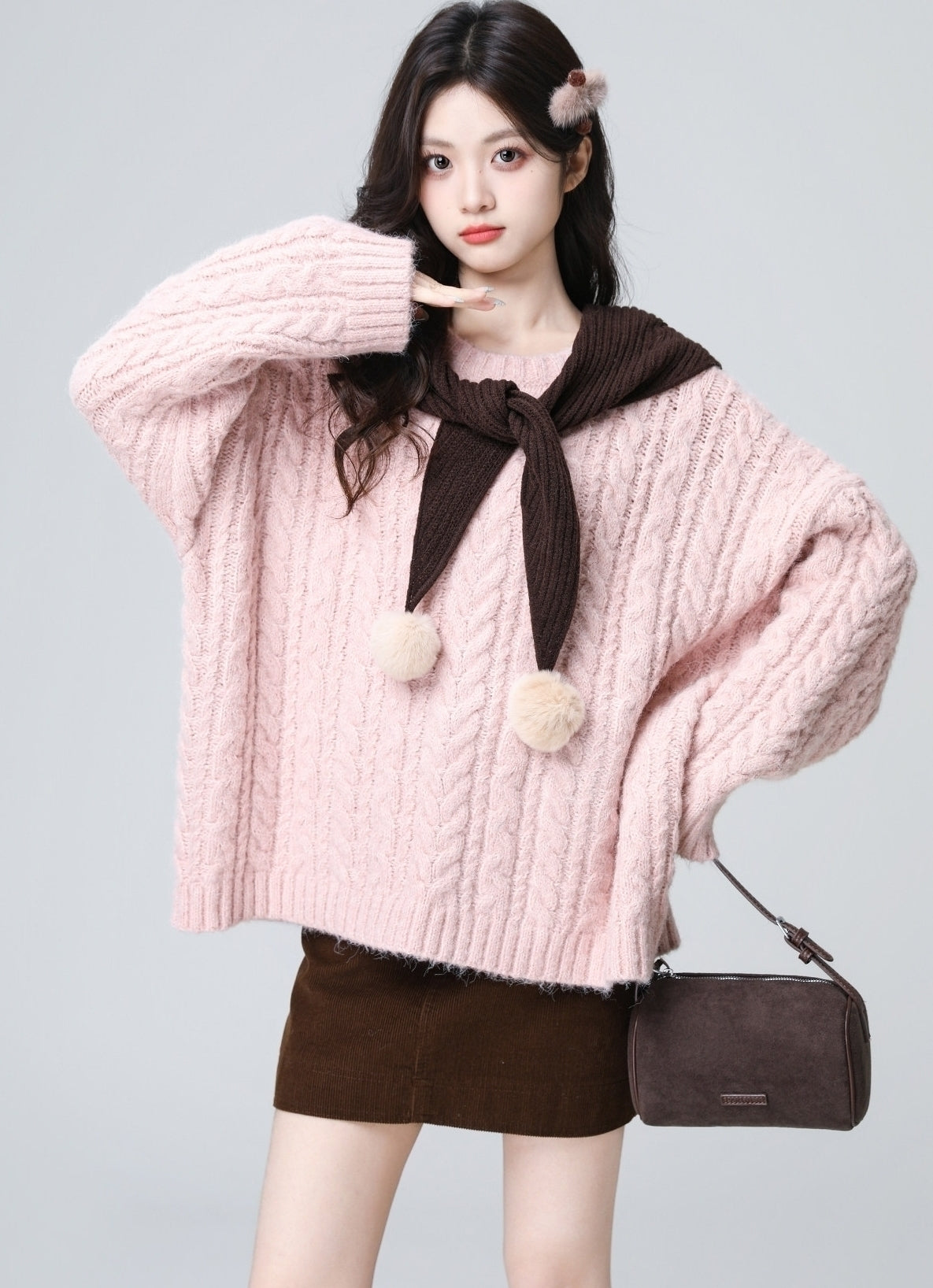 Pink Cable Knit Loose Crewneck Sweater