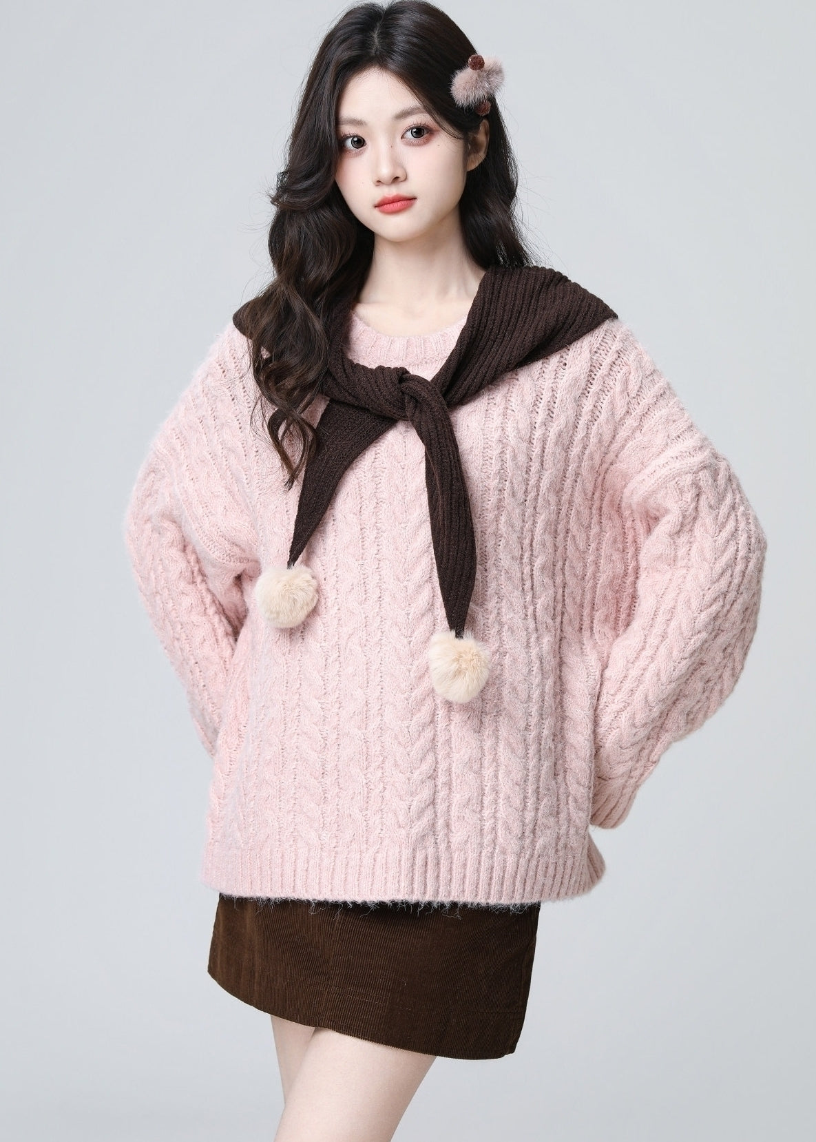 Pink Cable Knit Loose Crewneck Sweater