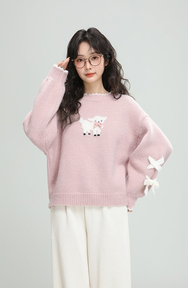 Pink Cartoon Bow Knit Sweater