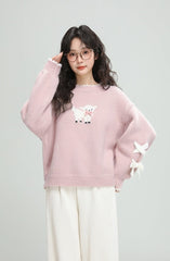Pink Cartoon Bow Knit Sweater