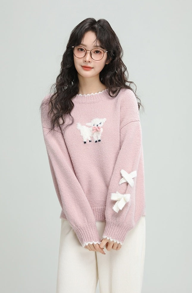 Pink Cartoon Bow Knit Sweater