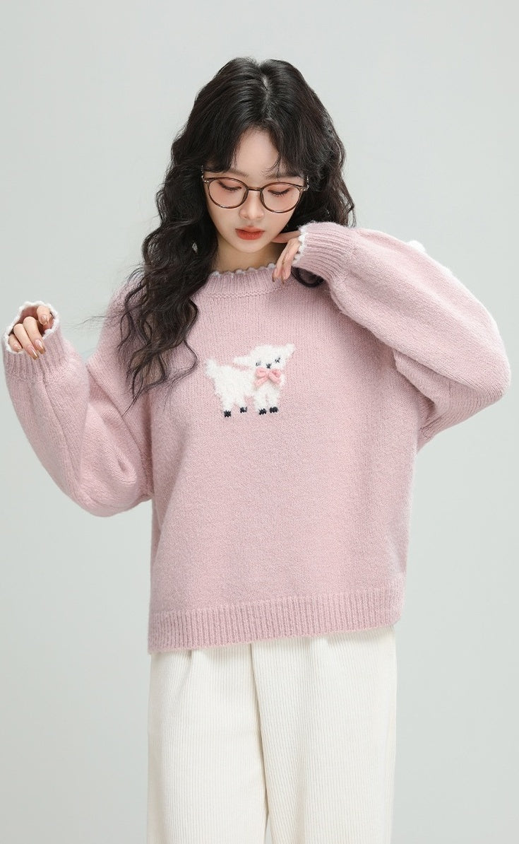 Pink Cartoon Bow Knit Sweater