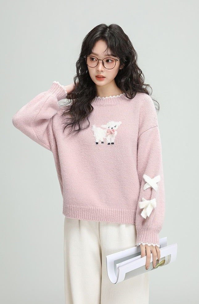 Pink Cartoon Bow Knit Sweater