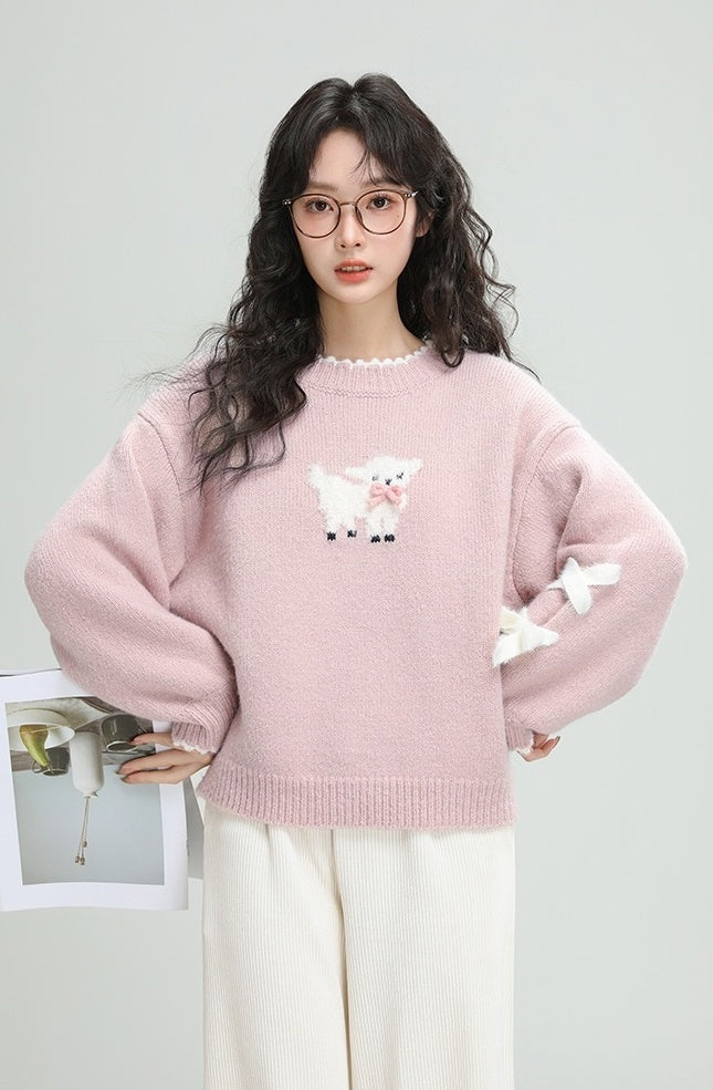 Pink Cartoon Bow Knit Sweater