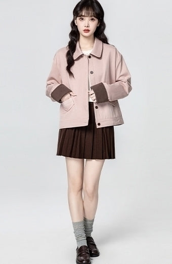 Pink Casual Colorblock Short Jacket With Turn Down Collar