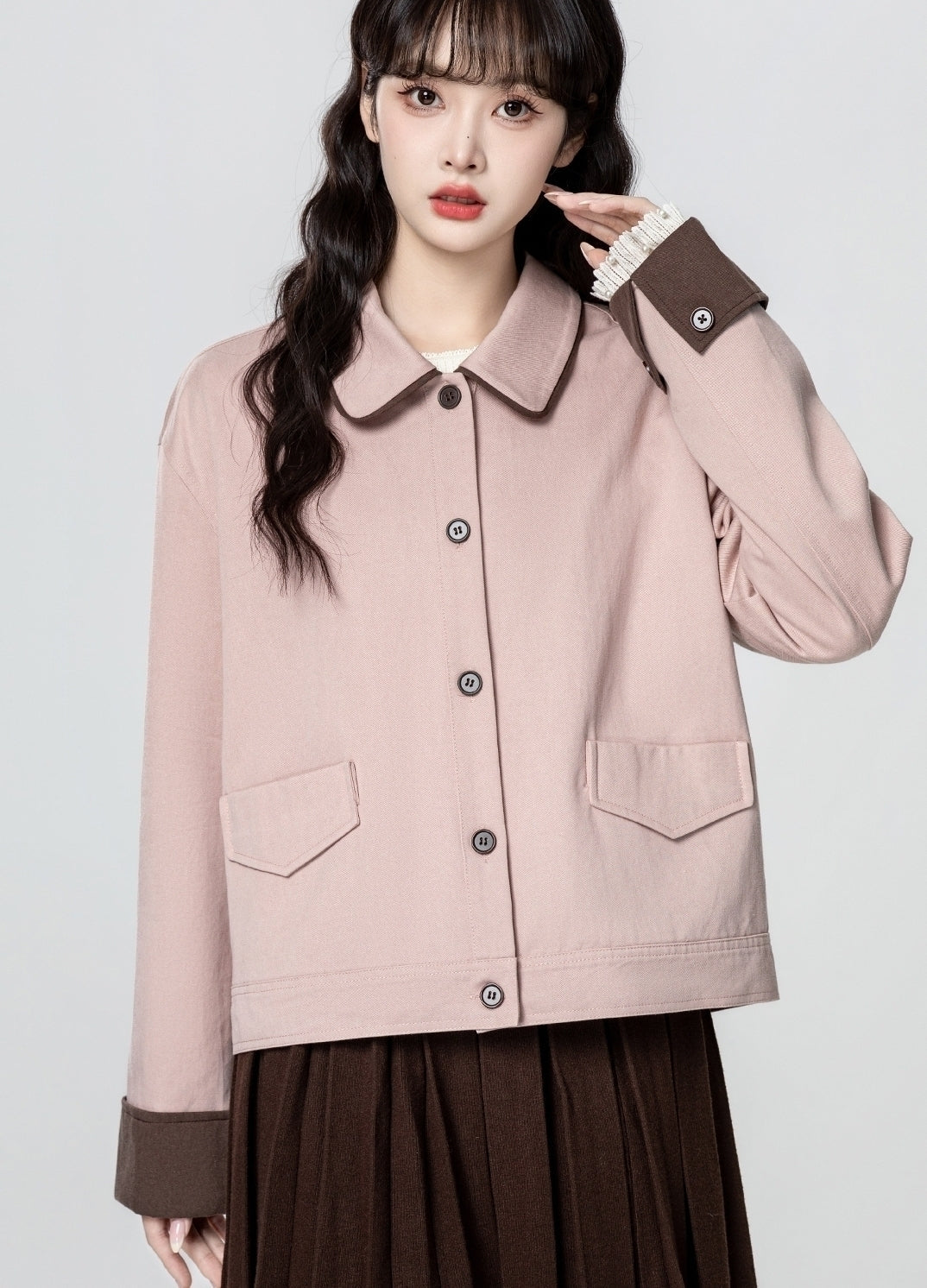 Pink Casual Colorblock Short Jacket With Turn Down Collar