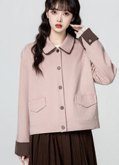 Pink Casual Colorblock Short Jacket With Turn Down Collar
