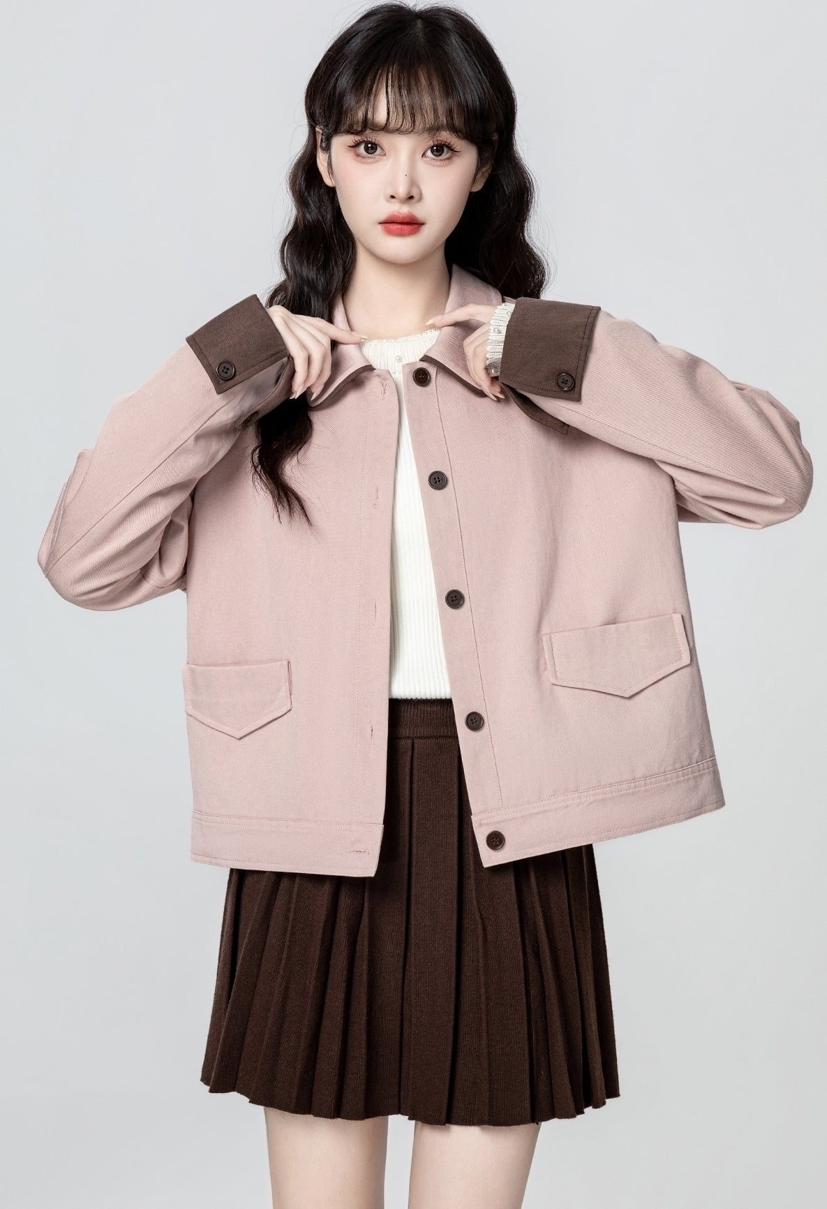 Pink Casual Colorblock Short Jacket With Turn Down Collar