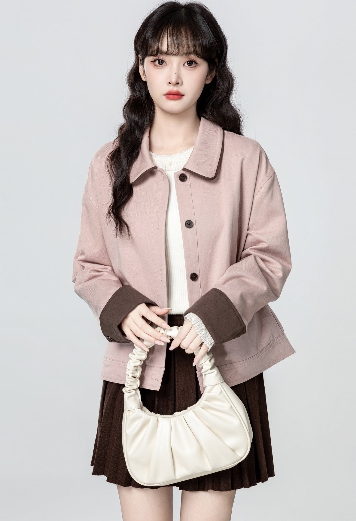 Pink Casual Colorblock Short Jacket With Turn Down Collar