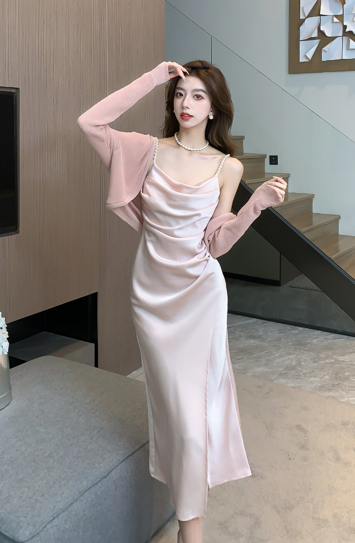 Pink Cowl Neckline Satin Dress