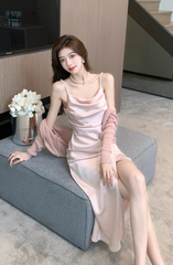 Pink Cowl Neckline Satin Dress