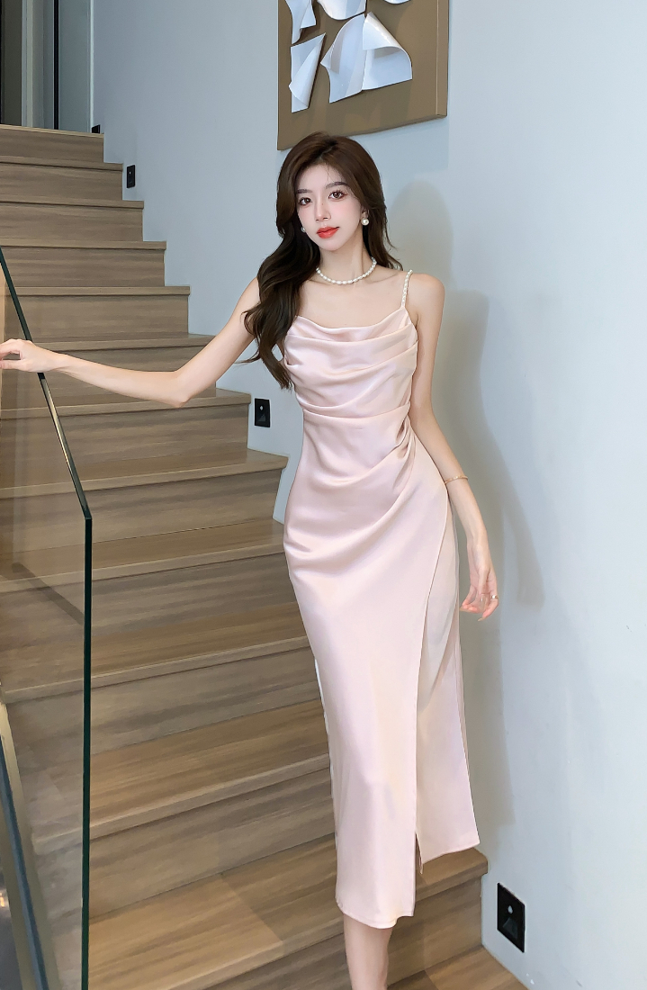 Pink Cowl Neckline Satin Dress