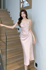 Pink Cowl Neckline Satin Dress