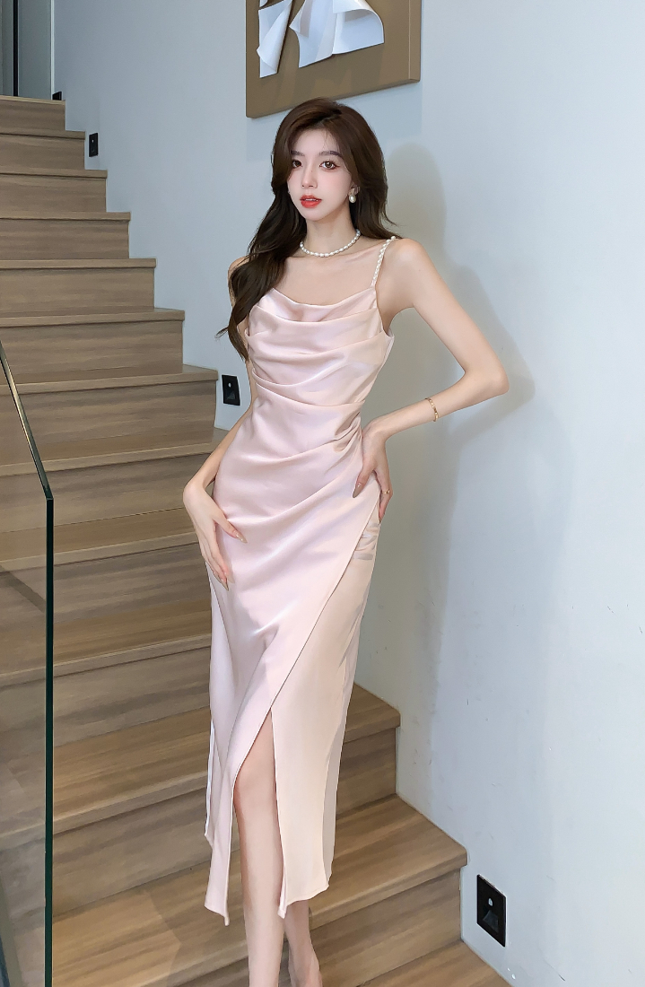 Pink Cowl Neckline Satin Dress