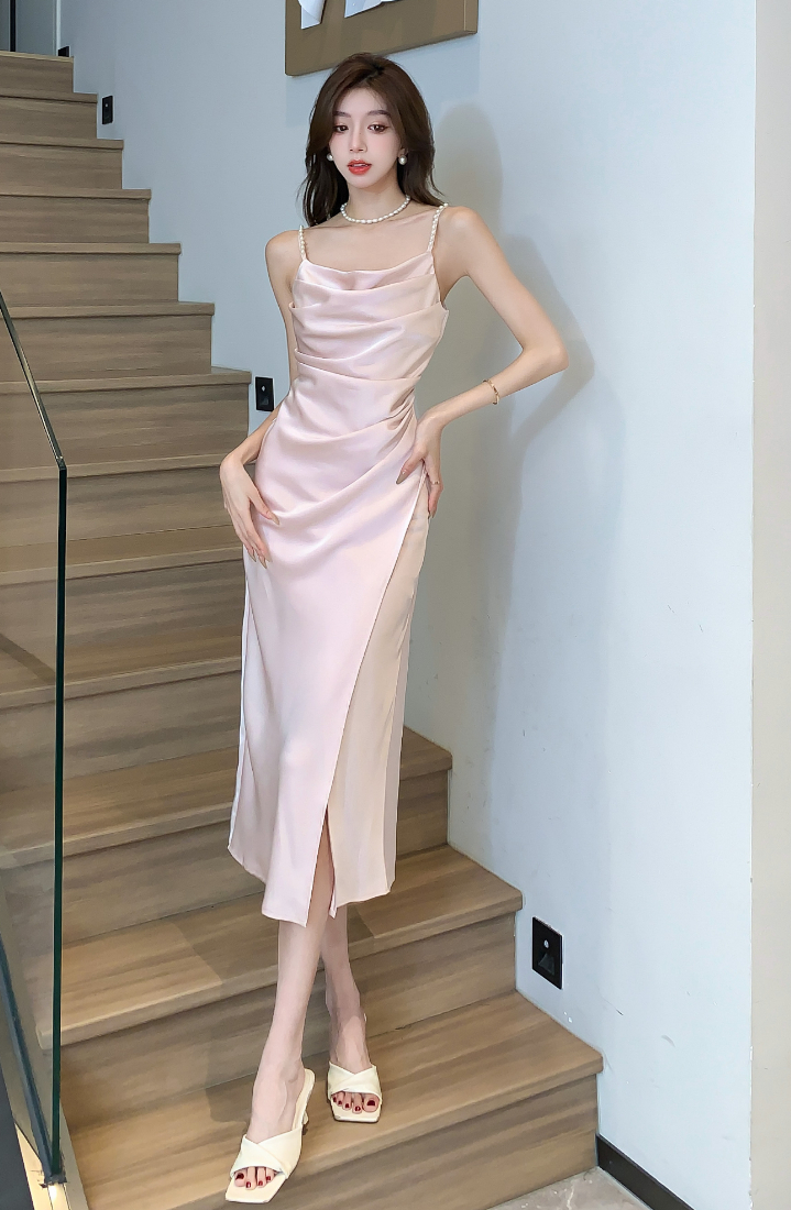 Pink Cowl Neckline Satin Dress