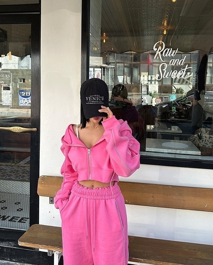 Pink Cropped Hooded Jacket And Sweatpants Set