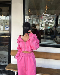 Pink Cropped Hooded Jacket And Sweatpants Set