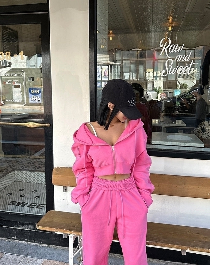Pink Cropped Hooded Jacket And Sweatpants Set