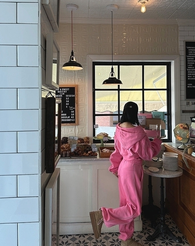 Pink Cropped Hooded Jacket And Sweatpants Set