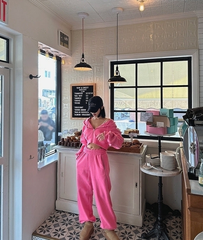 Pink Cropped Hooded Jacket And Sweatpants Set
