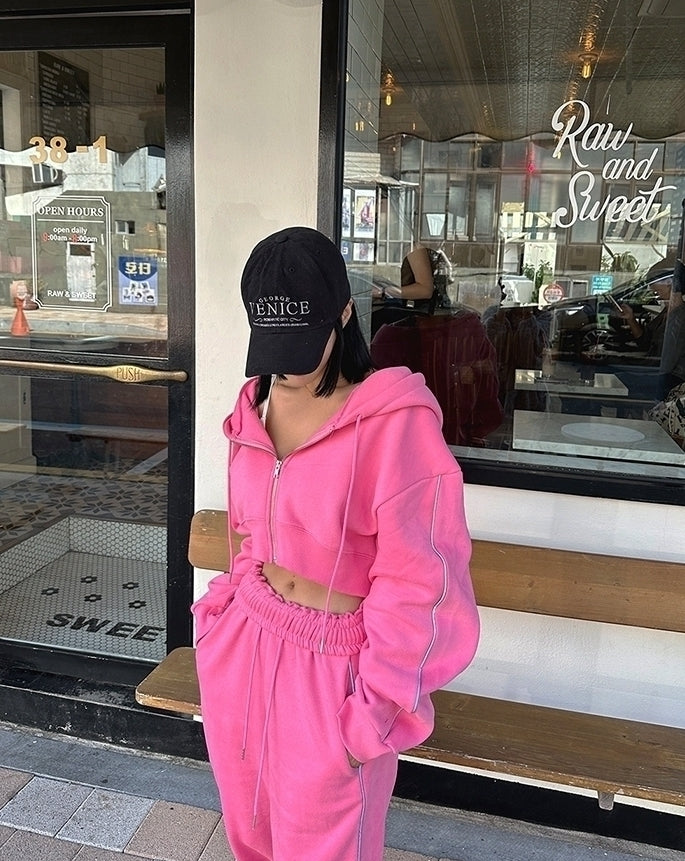 Pink Cropped Hooded Jacket And Sweatpants Set