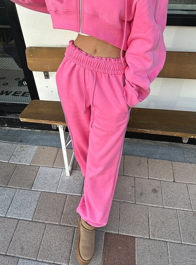 Pink Cropped Hooded Jacket And Sweatpants Set
