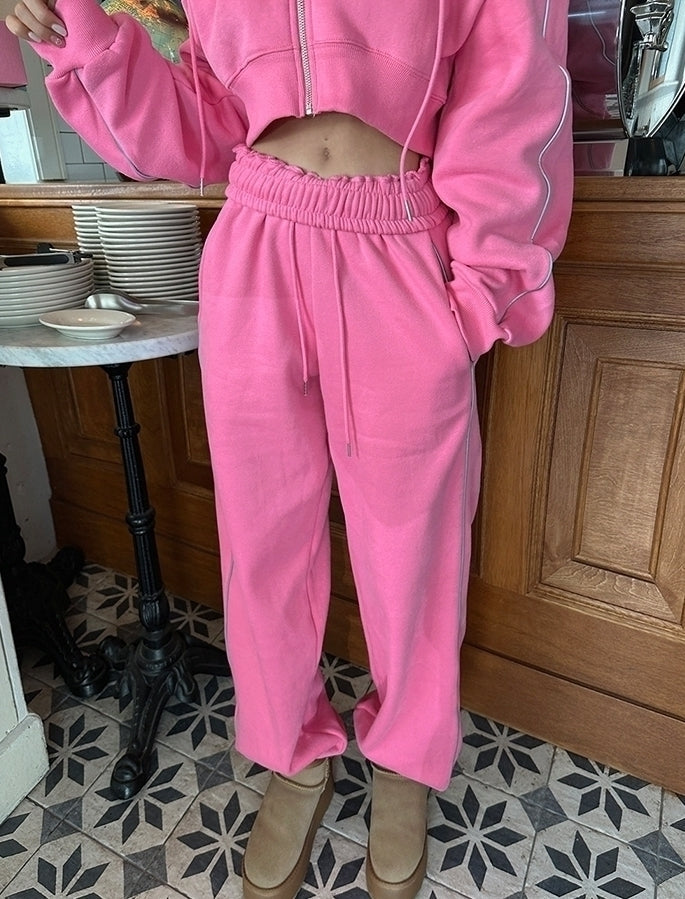 Pink Cropped Hooded Jacket And Sweatpants Set