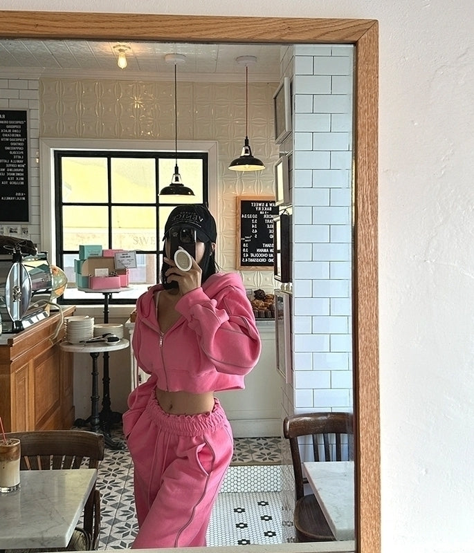 Pink Cropped Hooded Jacket And Sweatpants Set