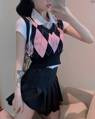 Pink Diamond Patterned Knitted Vest