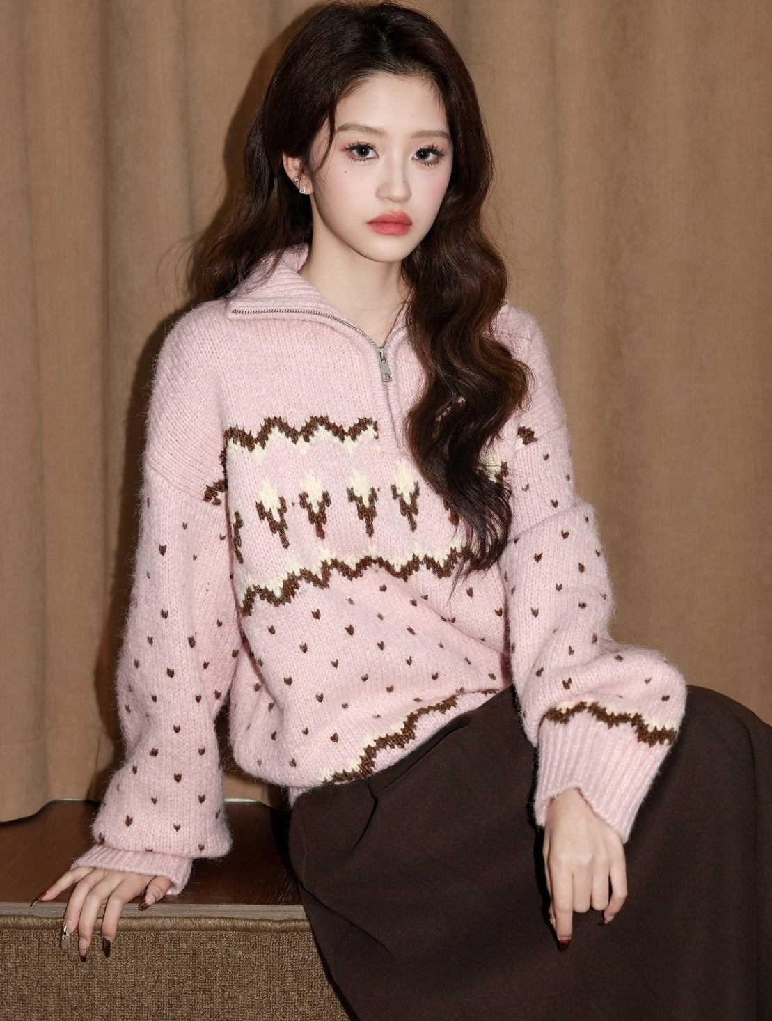 Pink Fair Isle Half Zip Pullover Sweater