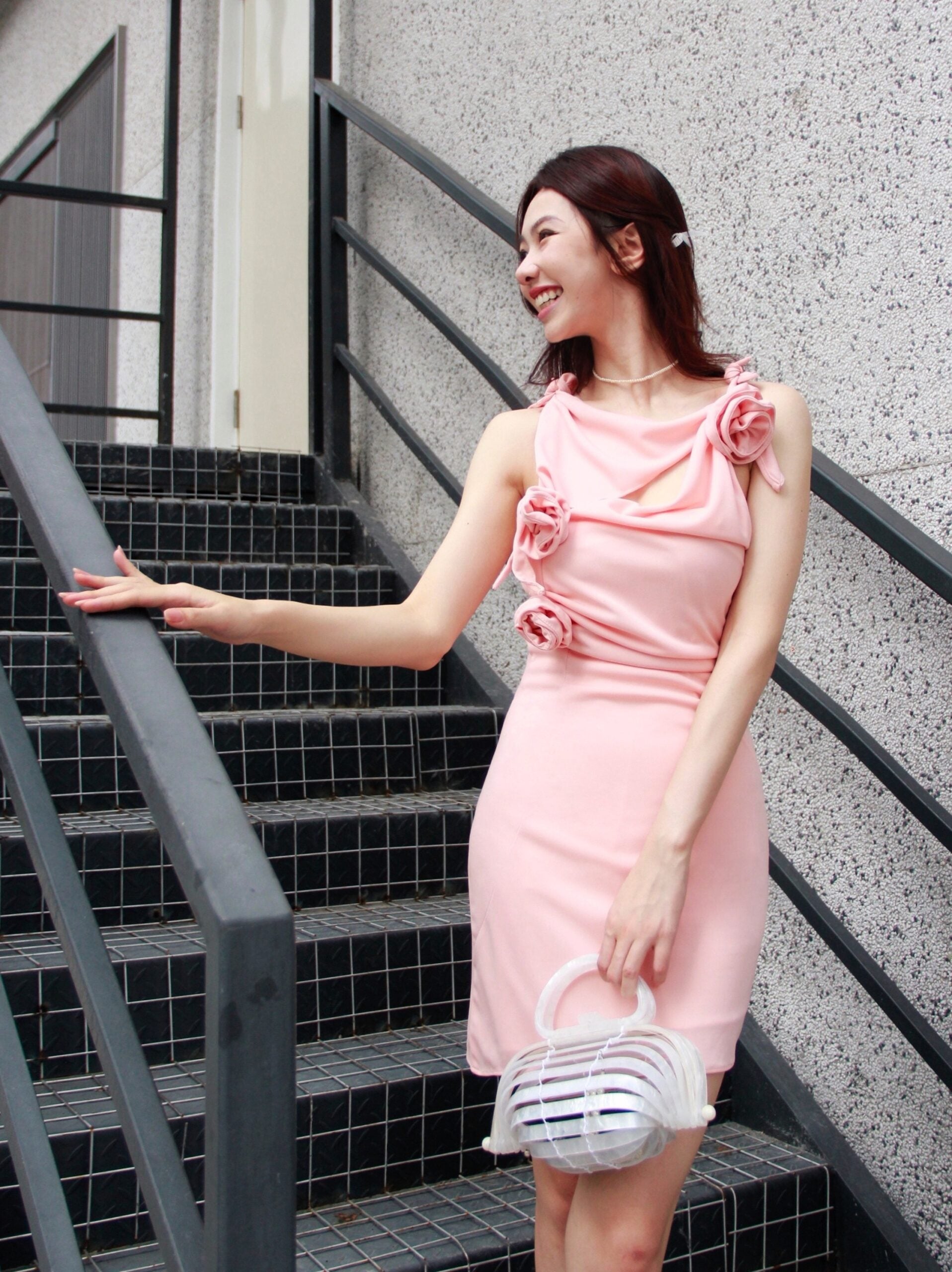 Pink Flower Accent Cut-Out Dress