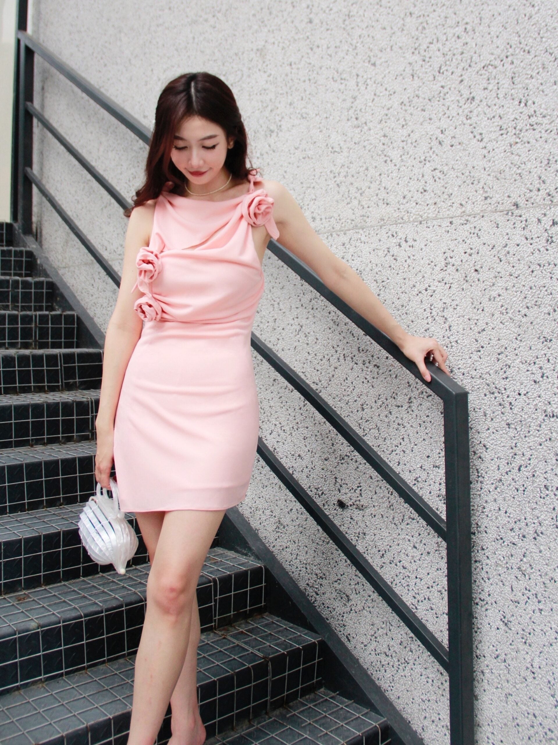 Pink Flower Accent Cut-Out Dress