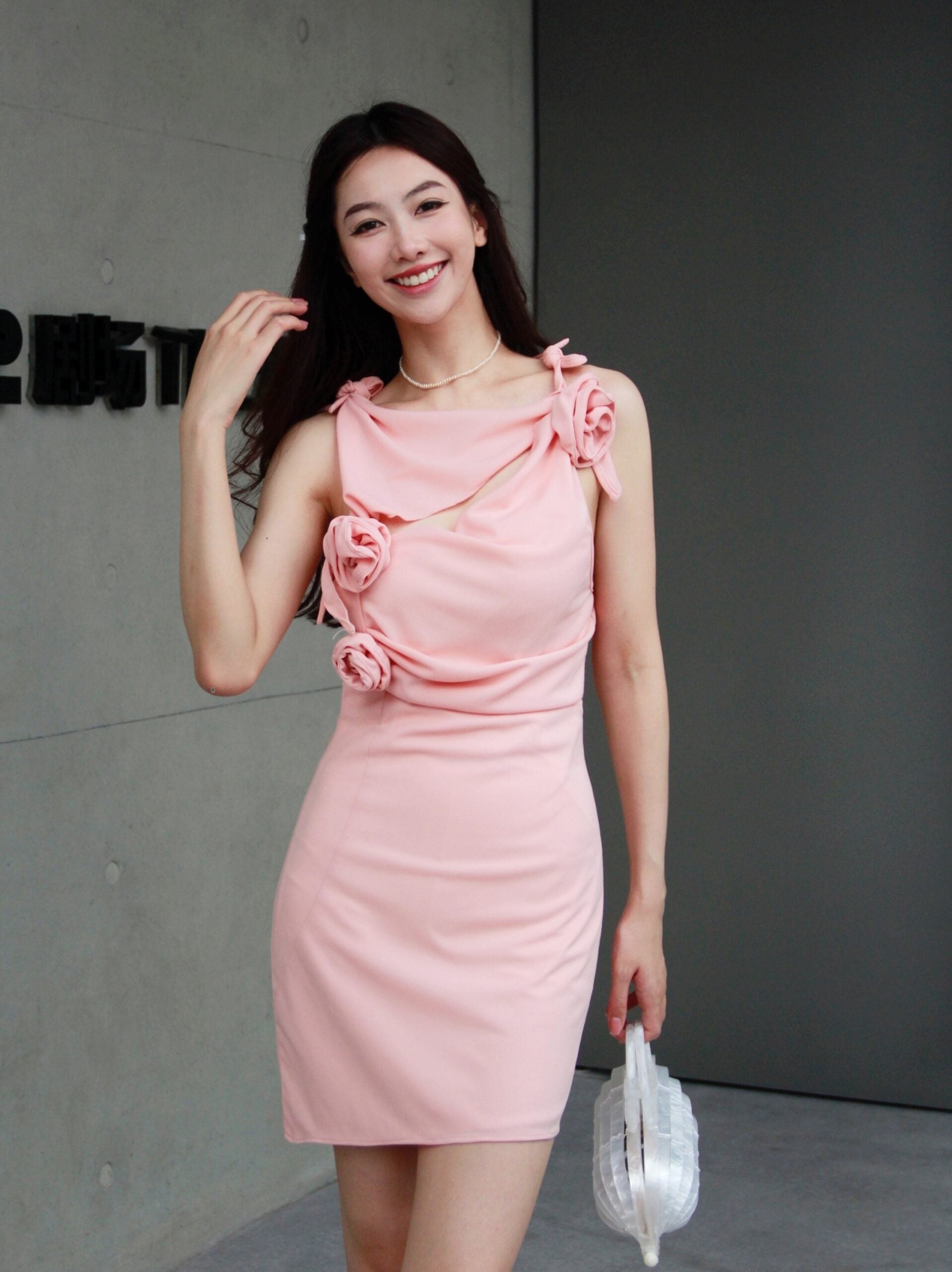 Pink Flower Accent Cut-Out Dress